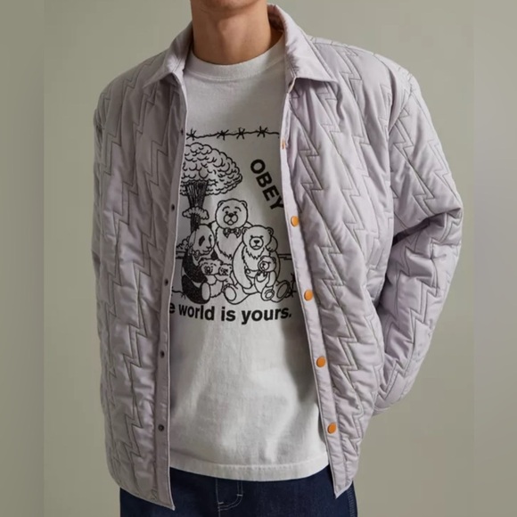 URBAN OUTFITTERS Lightning Bolt Puffer Jacket in Light Gray with Green Stitching - Picture 1 of 8